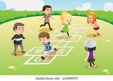 A vector illustration of kids playing hopscotch in the park