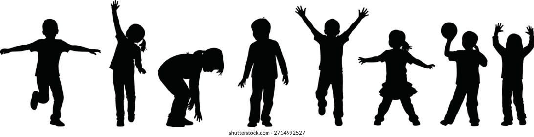 Vector illustration of kids playing, jumping with joy, happy children silhouette in motion, outdoor activity fun, group of active cartoon figures