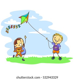 Vector Illustration of Kids Playing Kite on Field