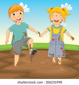 Vector Illustration Of Kids Playing in Mud