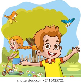 vector illustration of Kids Playing At Nature