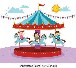 Vector Illustration Of Kids Playing On Merry Go Round In An Amusement Park.