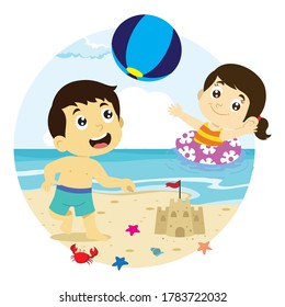 vector illustration of kids playing on the beach, summer vacation activity