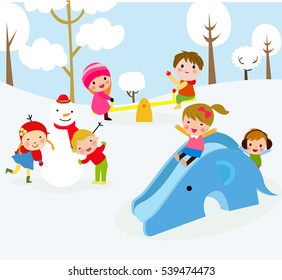 Vector Illustration, Kids Playing On Winter, Card Concept.