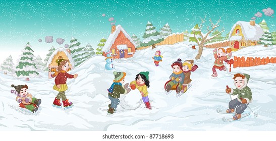 Vector illustration, kids playing on winter, card concept.