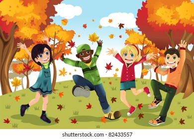 A vector illustration of kids playing outdoor during Autumn or Fall season