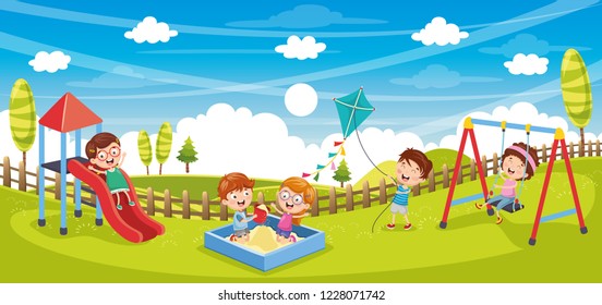 Vector Illustration Of Kids Playing Outside