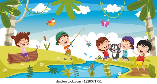 Vector Illustration Of Kids Playing Outside