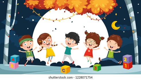 Vector Illustration Of Kids Playing Outside
