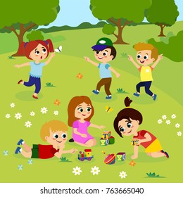 Vector illustration of kids playing outside on green grass with flowers, trees. Happy children playing on the yard with toys in cartoon flat style.