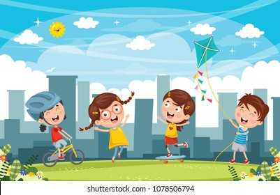 Vector Illustration Of Kids Playing At Park