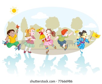 Vector illustration, kids playing in park, card concept.