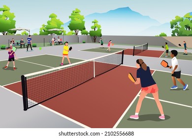 A vector illustration of kids playing pickleball in a park