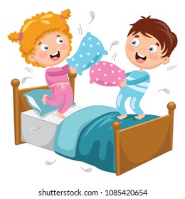 Vector Illustration Of Kids Playing Pillow Fight