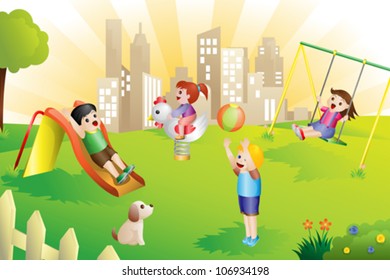 Una ilustración vectorial de niños jugando en el patio de recreo