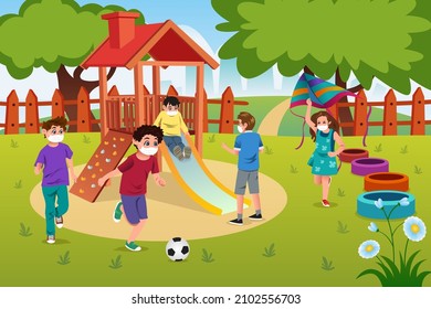 Vector Illustration Kids Playing Playground Wearing Stock Vector ...