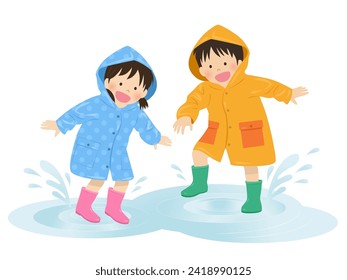 Vector illustration of kids playing in puddles