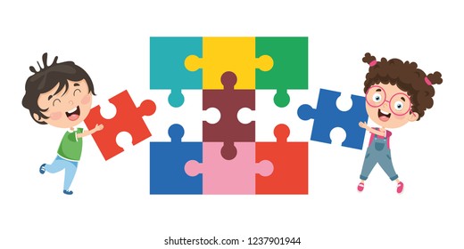 Vector Illustration Of Kids Playing Puzzle