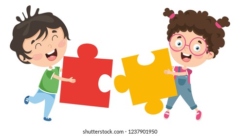 Vector Illustration Of Kids Playing Puzzle