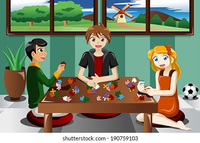 A vector illustration of kids playing puzzles