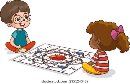 vector illustration of kids playing puzzles