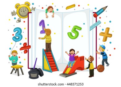 A vector illustration of kids playing and reading with open book