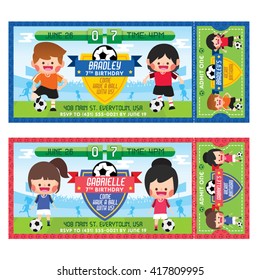 A Vector Illustration Kids Playing Soccer. Ticket Invitation. Soccer Party. 