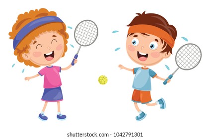 Vector Illustration Of Kids Playing Tennis