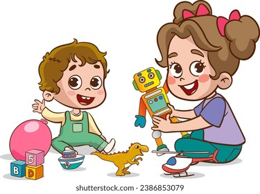 vector Illustration of Kids Playing with a Toy Robot and Toys