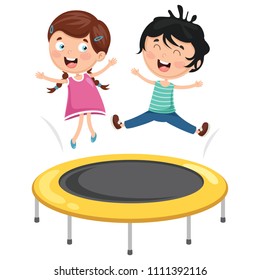 Vector Illustration Of Kids Playing Trampoline