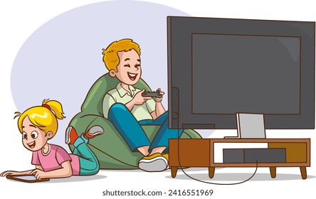 ilustración vectorial de niños jugando videojuegos en Sofa 