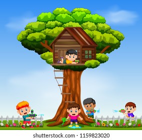 Vector Illustration Of Kids Playing Watergun In Park 