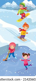 Vector Illustration With Kids Playing Winter Sport Games