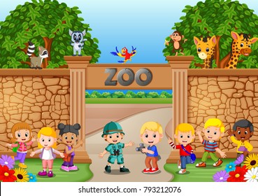 vector illustration of Kids playing at the zoo with zookeeper and animal