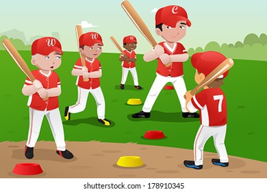 A vector illustration of kids practicing baseball