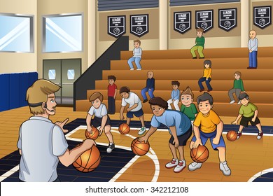 A Vector Illustration Of Kids Practicing Basketball Indoor