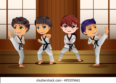 A vector illustration of Kids Practicing Martial Arts in the Dojo