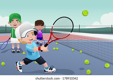 A Vector Illustration Of Kids Practicing Tennis