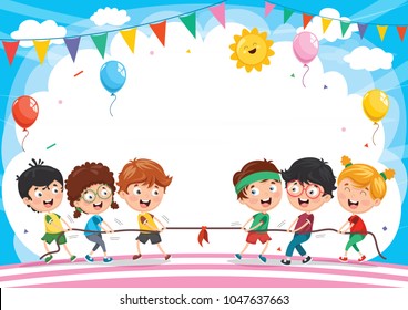 Vector Illustration Of Kids Pulling The Rope