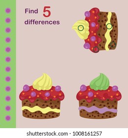 Vector illustration of kids puzzle educational game Find 5 differences for preschool children with cakes