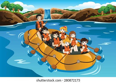 A vector illustration of kids rafting in a river