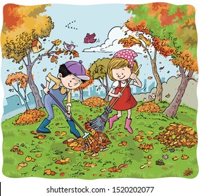 Vector illustration, kids raking and sweeping the autumn garden, cartoon concept.