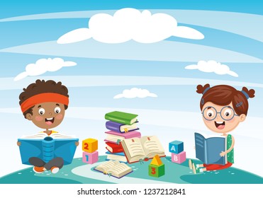 Vector Illustration Of Kids Reading Book