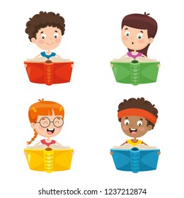 Vector Illustration Of Kids Reading Book