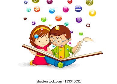 vector illustration of kids reading book with flying education symbol