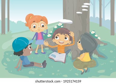 Vector Illustration of Kids reading a Book Sitting a Park under a Tree