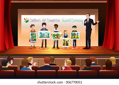 A Vector Illustration Of Kids Receiving Award In Art Competition