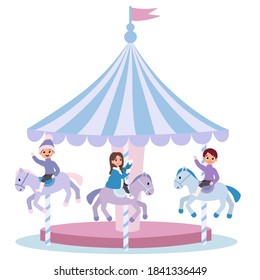 Vector illustration of kids riding a carousel in winter. Cartoon illustrations for postcards and other prints.