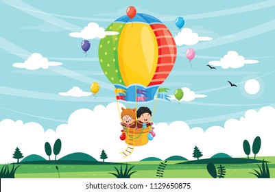 Vector Illustration Of Kids Riding Hot Air Balloon