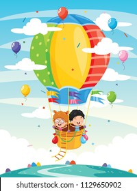 Vector Illustration Of Kids Riding Hot Air Balloon